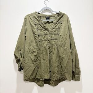 torrid Olive Green Pintuck Button Peasant Blouse Military Utility Cotton Size 3X